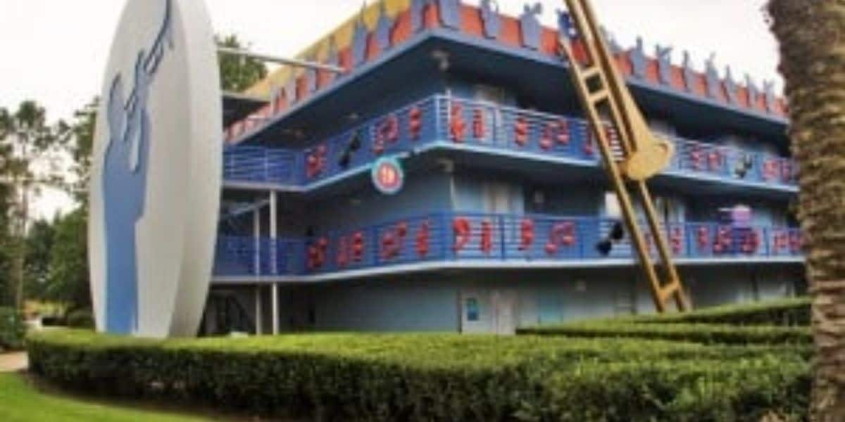 The jazz building at Disney's All-Star Music Resort, one of the three All-Star Resorts.