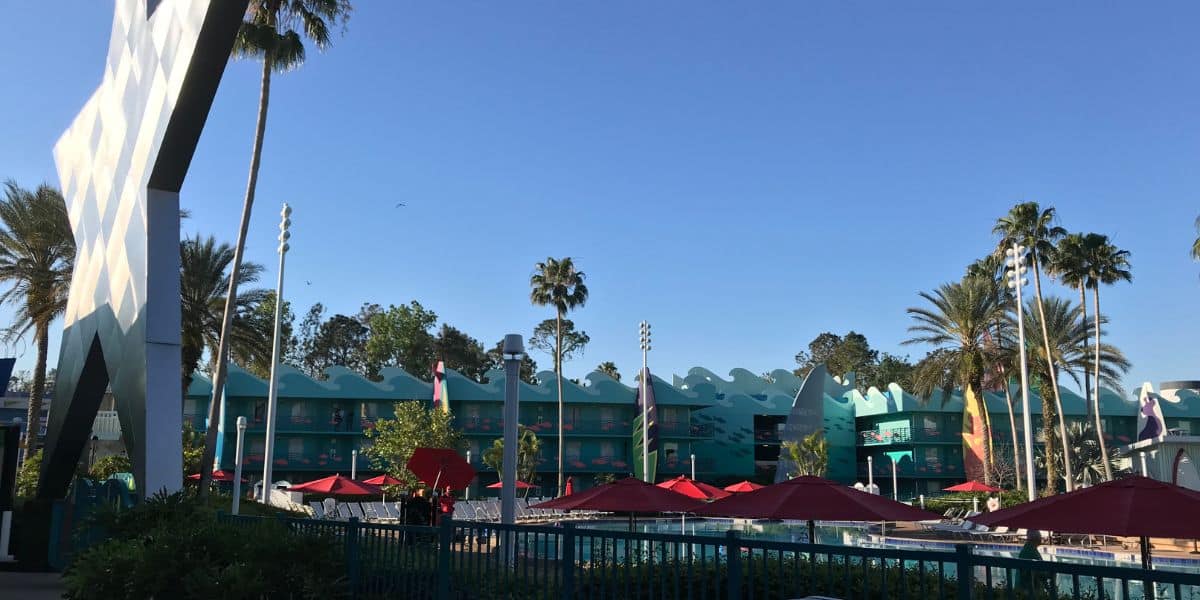 The pool at Disney's All-Star Movies Resort on a sunny morning at Disney World.