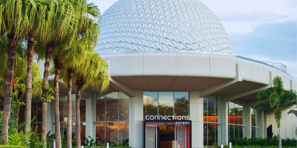 Connections Shop at EPCOT with Spaceship Earth in the background