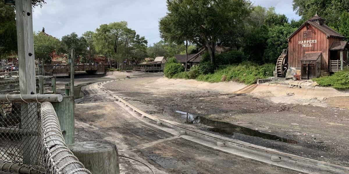 The drained Rivers of America during a refurbishment project