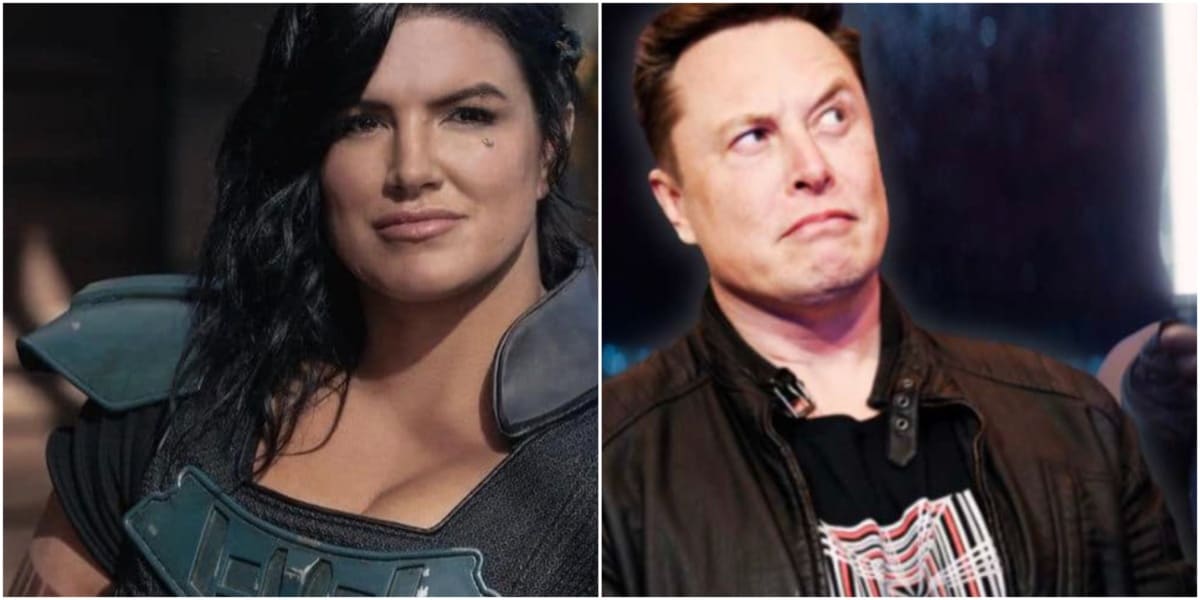 Gina Carano as Cara Dune in The Mandalorian, Elon Musk leaning weird and looking up