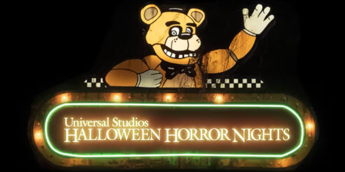 A neon sign features a cartoonish bear in a suit, waving above glowing text that reads "Universal Studios HORROR NIGHTS." The design is dark, with green and yellow accents for an eerie Halloween vibe.