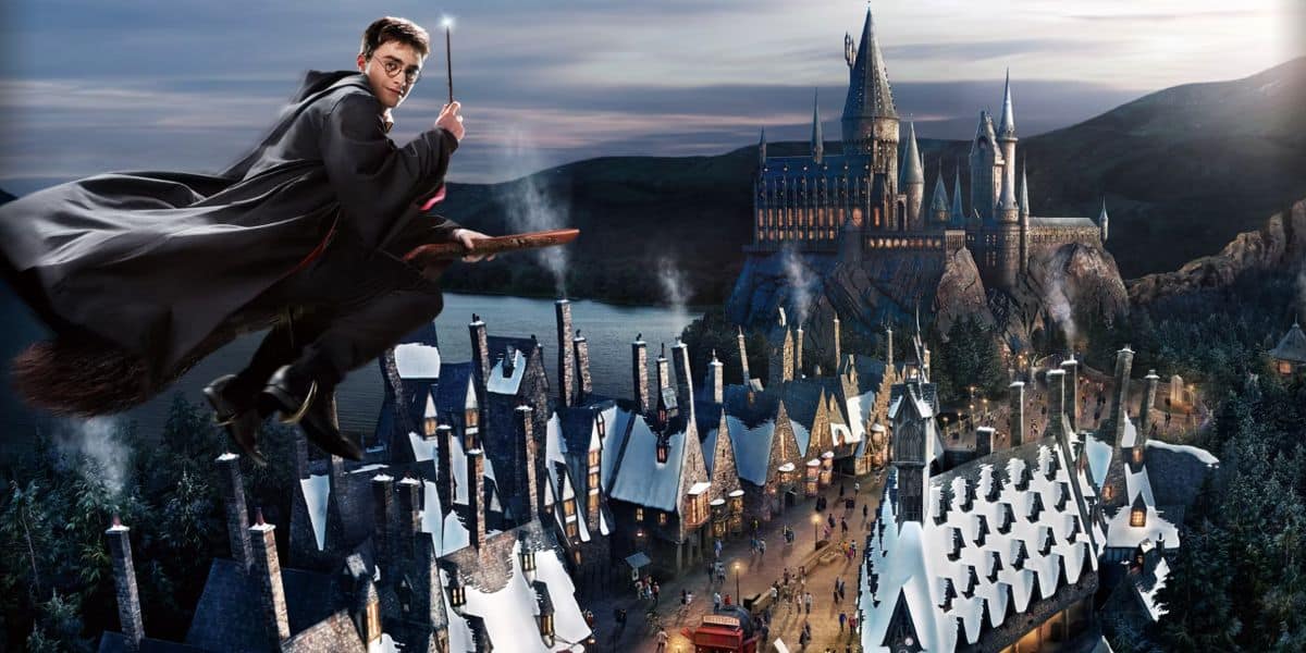 Harry Potter flies over the Wizarding World of Harry Potter at Universal Studios Japan