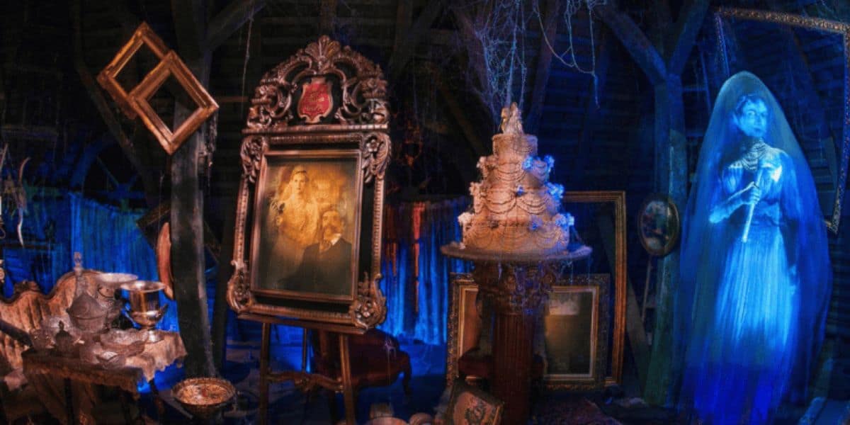The attic scene in the Haunted Mansion with the Bride Constance Hatchaway