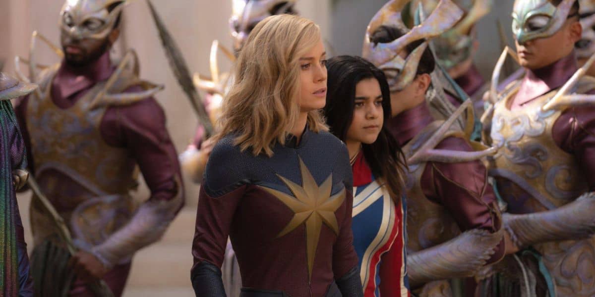 Captain Marvel (Brie Larson) stands next to Kamala Khan (Iman Vellani)