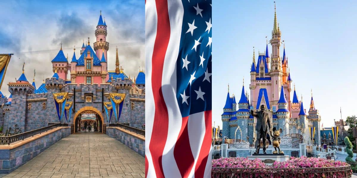 An image collage features Disneyland's Sleeping Beauty Castle, an American flag at the center, and Disney World's Cinderella Castle with a statue of Walt Disney and Mickey Mouse in the foreground. These iconic Disney structures showcase quaint architectural designs that capture the magic of imagination.