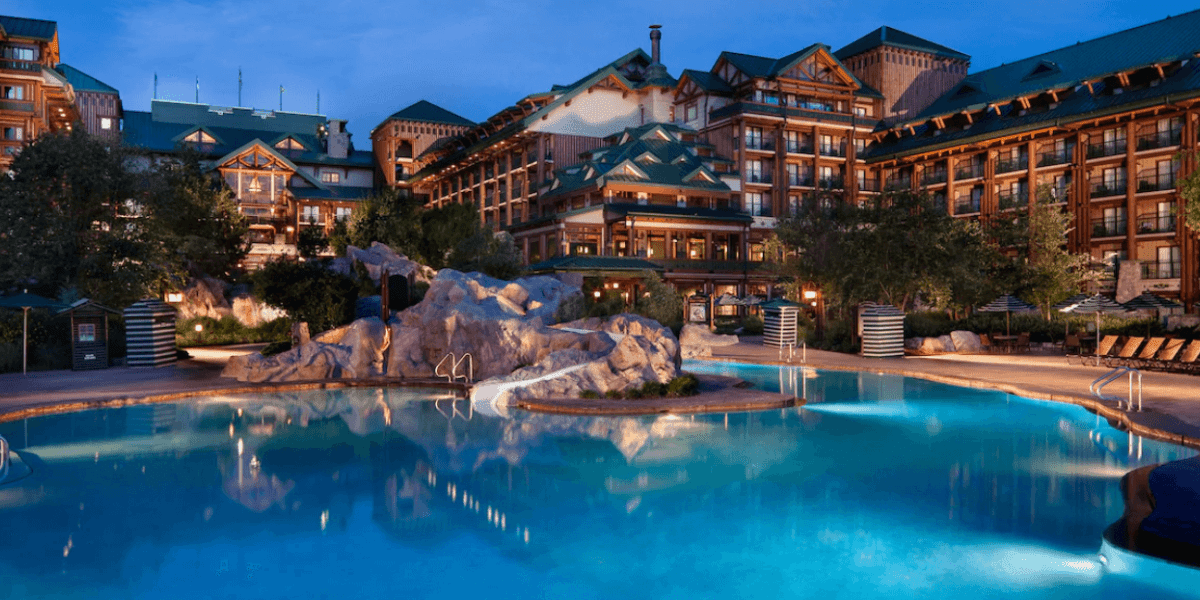 Disney's Wilderness Lodge at night, a Disney World resort hotel.