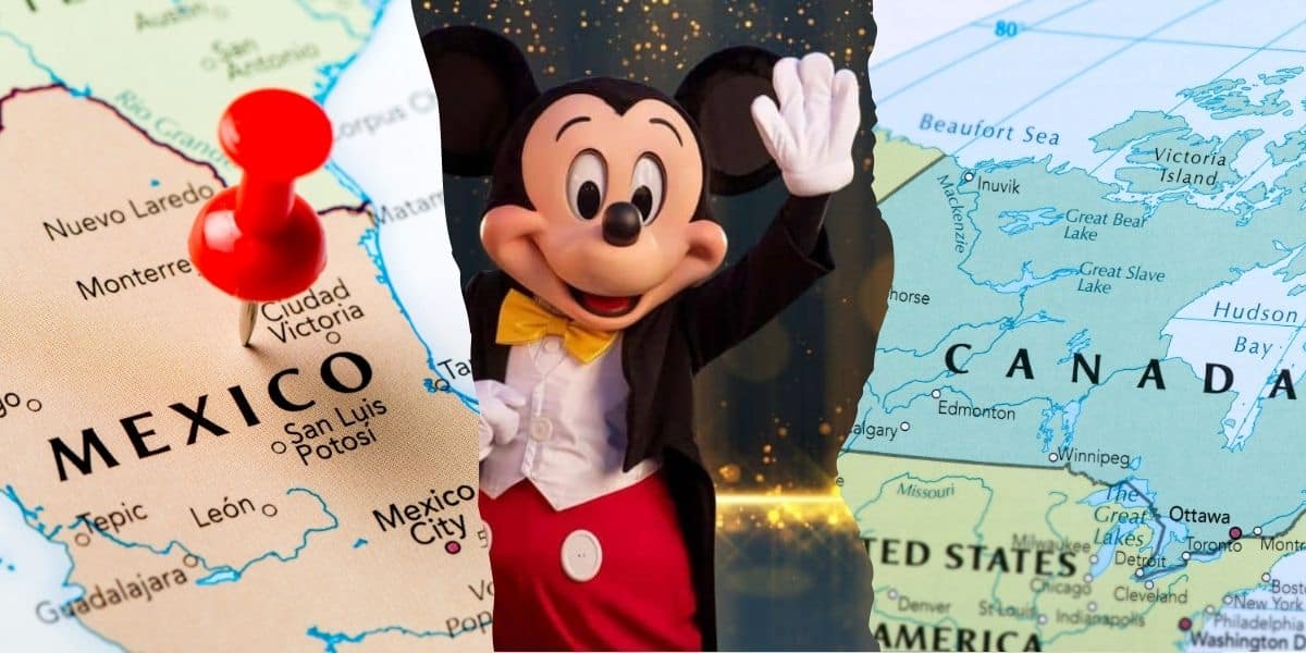 A collage featuring a red pushpin on Mexico in a map, Disney World Mickey Mouse in a tuxedo waving, and a map of Canada and part of the United States with labeled cities and bodies of water as Donald Trump issues travel ban.