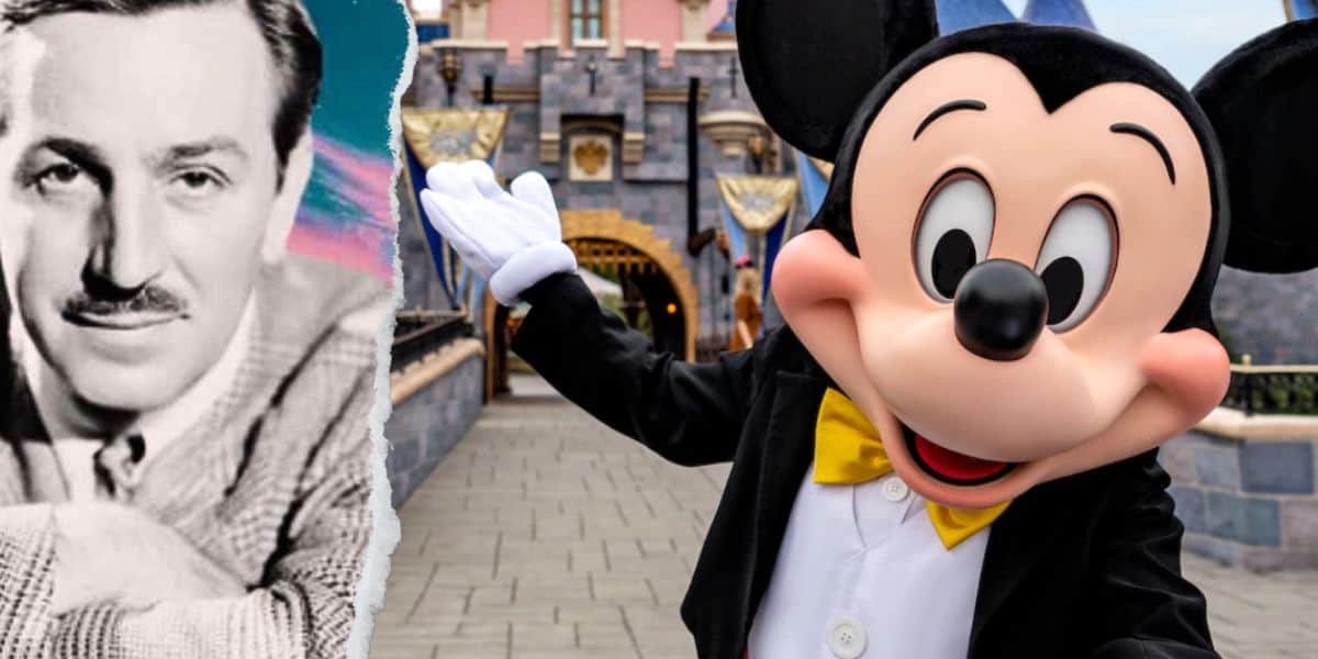 Split image featuring a black-and-white photo of walt disney on the left and a colorful mickey mouse character waving in front of Disneyland theme park on the right.