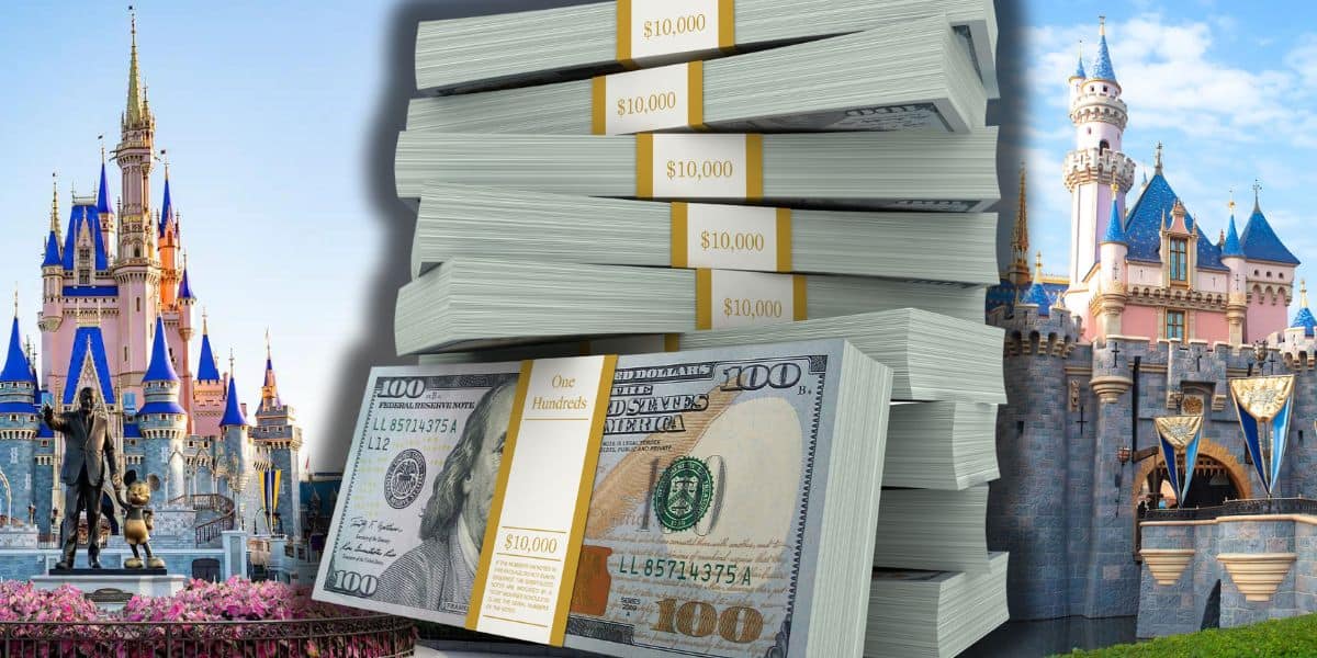 A stack of $100 bills with Walt Disney World Resort to the left and Disneyland Resort to the right.