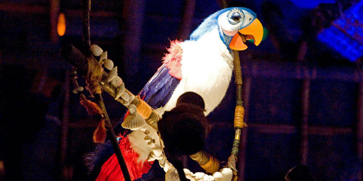 A colorful animatronic parrot from Walt Disney's Enchanted Tiki Room