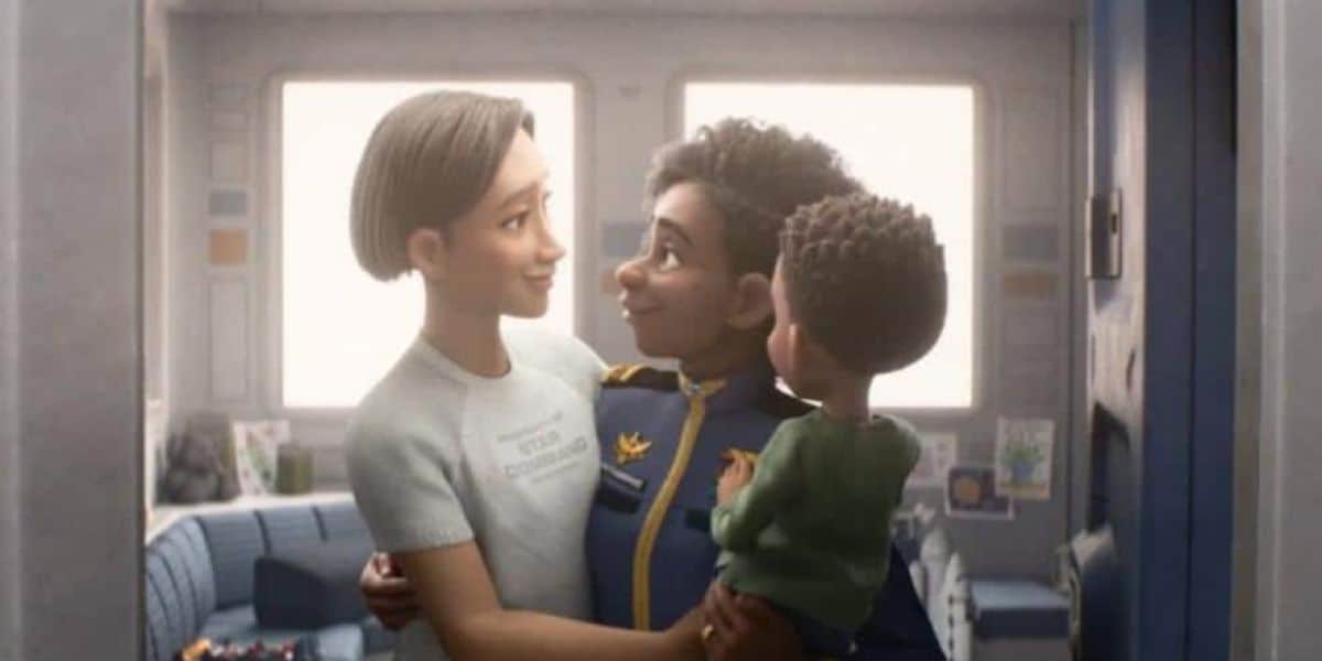 A female couple and their young child in 'Lightyear'