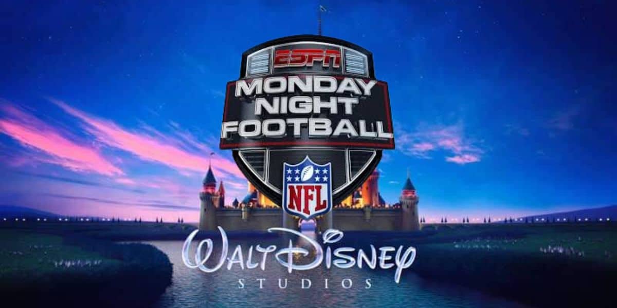 The image shows the "ESPN Monday Night Football" logo with the NFL shield, set against a backdrop of a digitally-rendered Walt Disney castle and the words "Walt Disney Studios" at the bottom.