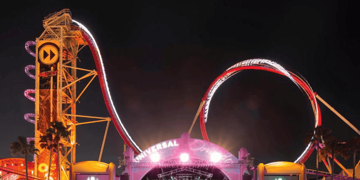 The loop of Hollywood Rip Ride Rockit at Universal Studios Florida at nighttime.