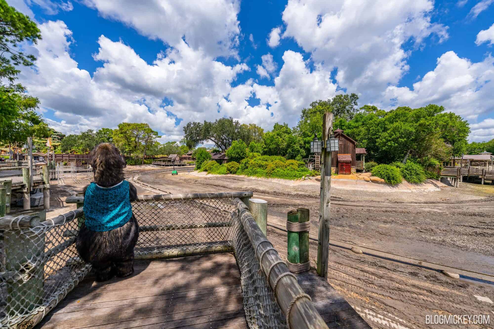 Shaker, a character from the Country Bear Jamboree, looks over a drained river with a lush island in the background