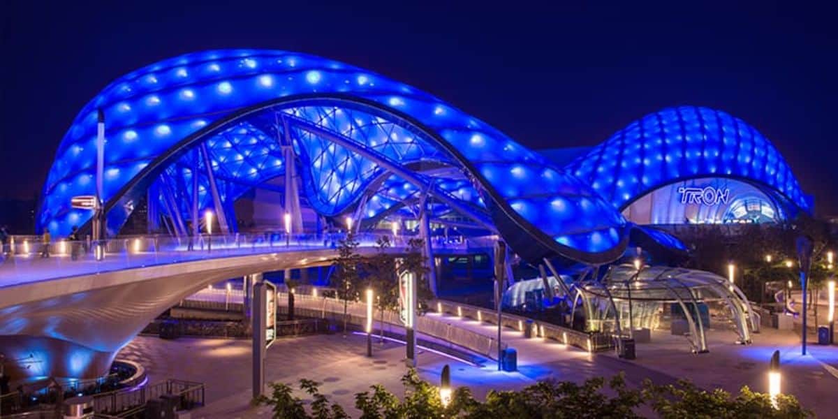 TRON Lightcycle Power Run at night at Shanghai Disneyland, where a guest claims taking photos without his permission violates his privacy