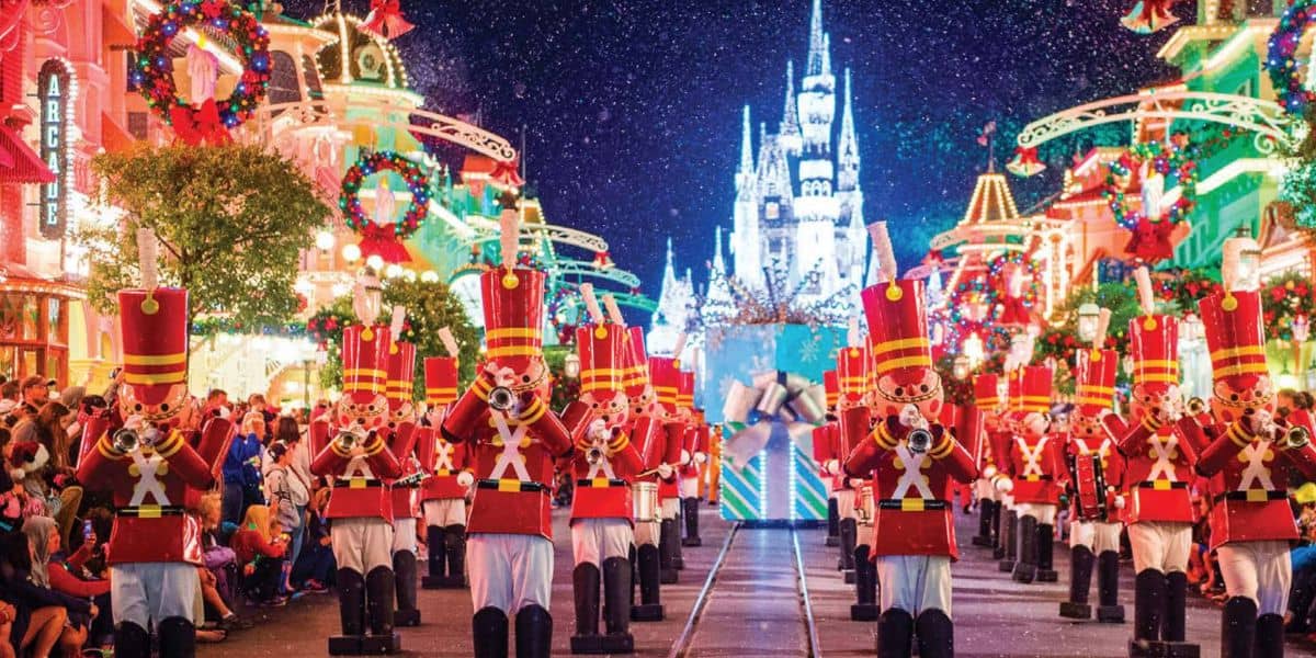 Toy Soldiers march through Magic Kingdom in front of Cinderella Castle's Dreamlights