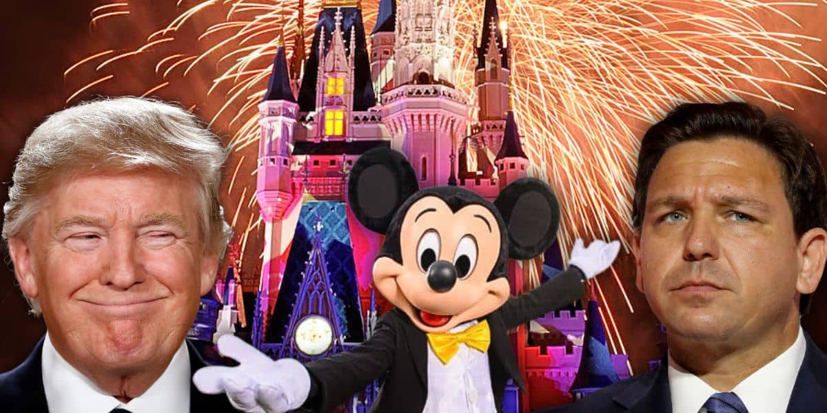 Donald Trump smiling while looking at and angry Ron DeSantis with Mickey Mouse in the middle at Disney World.