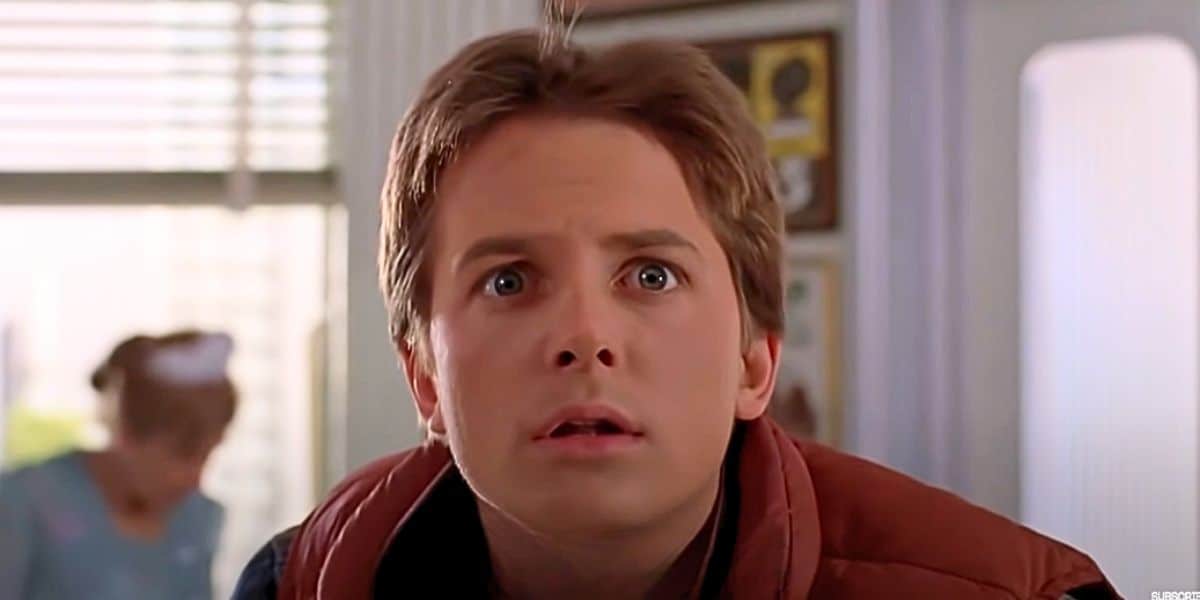Marty McFly (Michael J Fox) looking shocked in 'Back to the Future'
