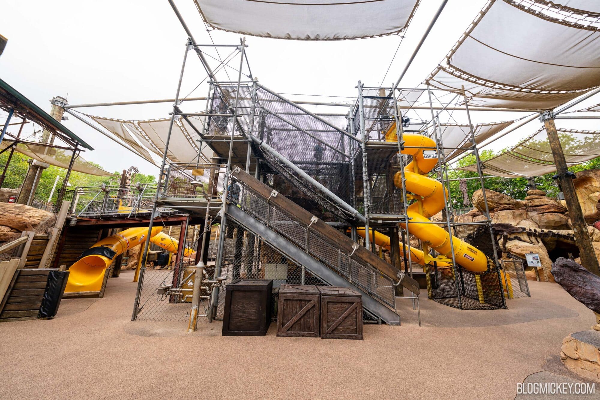 An outdoor playground at Disney's Animal Kingdom featuring multiple yellow slides, safety nets, and rock formations, designed for children's fun and adventure