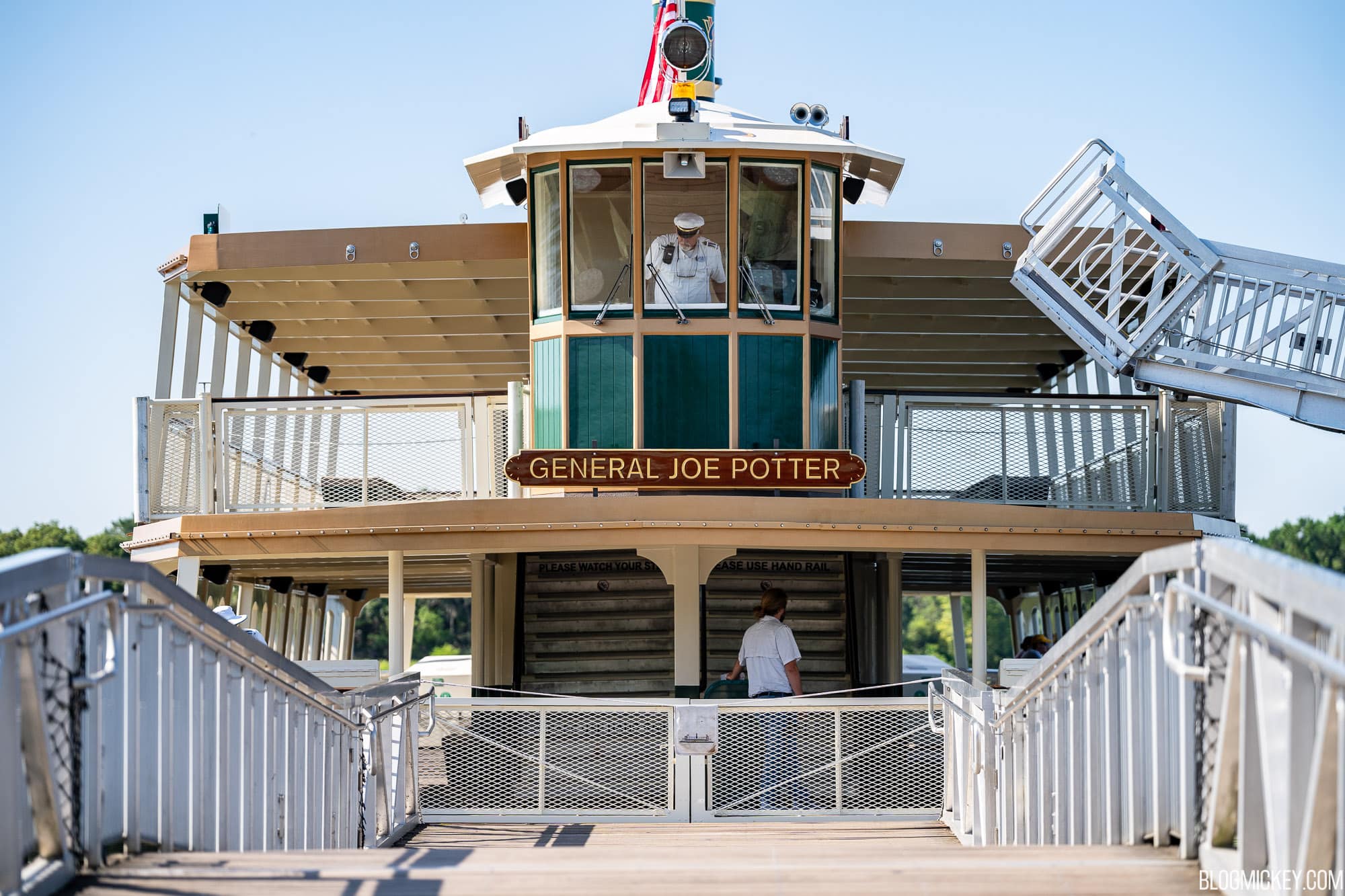 Vintage Disney World ferry boat "General Joe Potter" docked at the marina