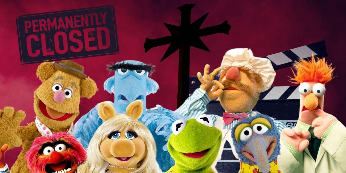 A group of colorful puppet characters, reminiscent of The Muppets, stand against a red and black backdrop. In the corner, a sign reads "Permanently Closed." A cross-like symbol and a movie clapperboard also adorn the scene.