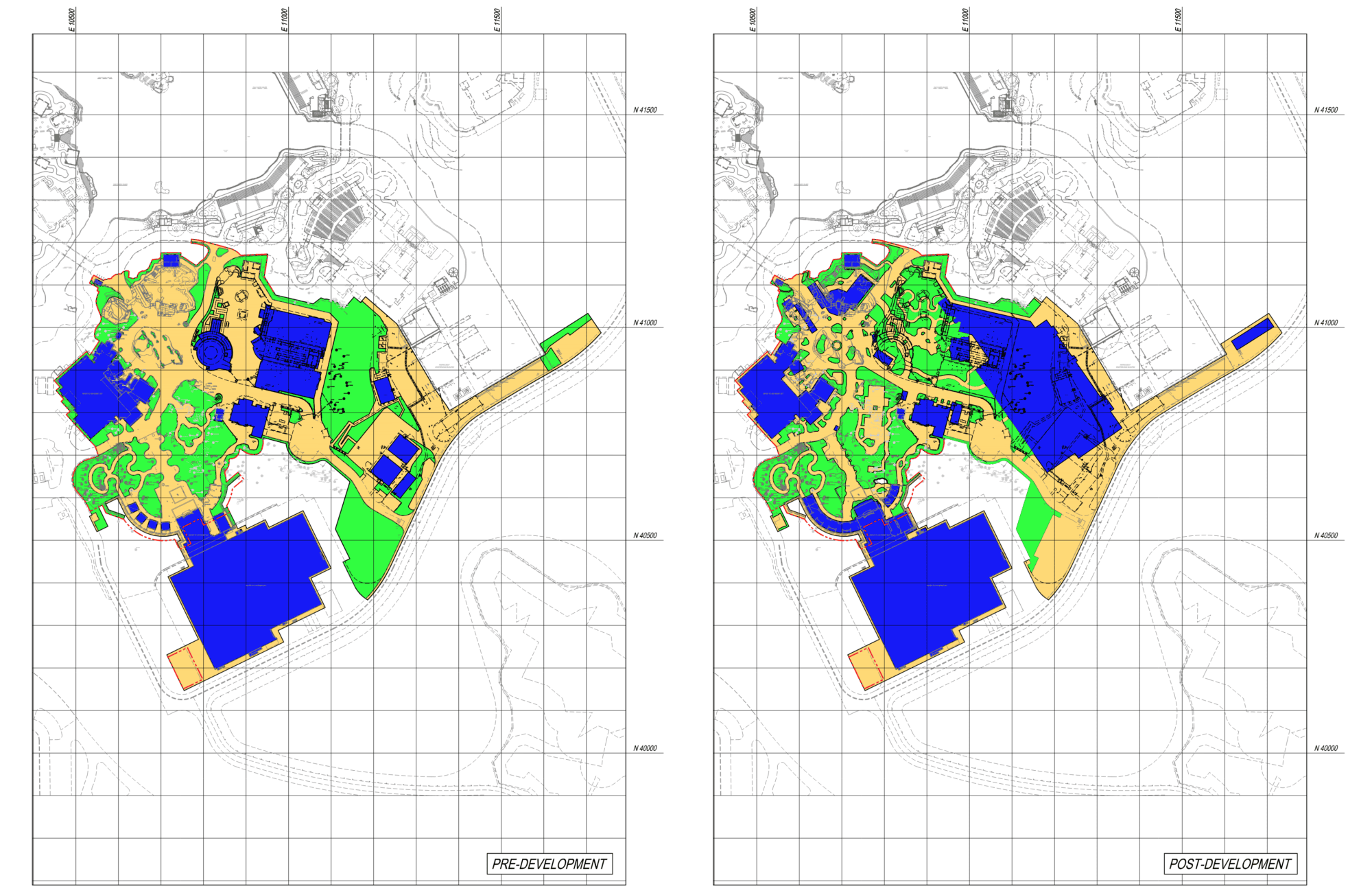 Side-by-side screenshots of permit documents. The document on the left shows buildings from DinoLand USA, and the permit on the right shows the new Tropical Americas building layout