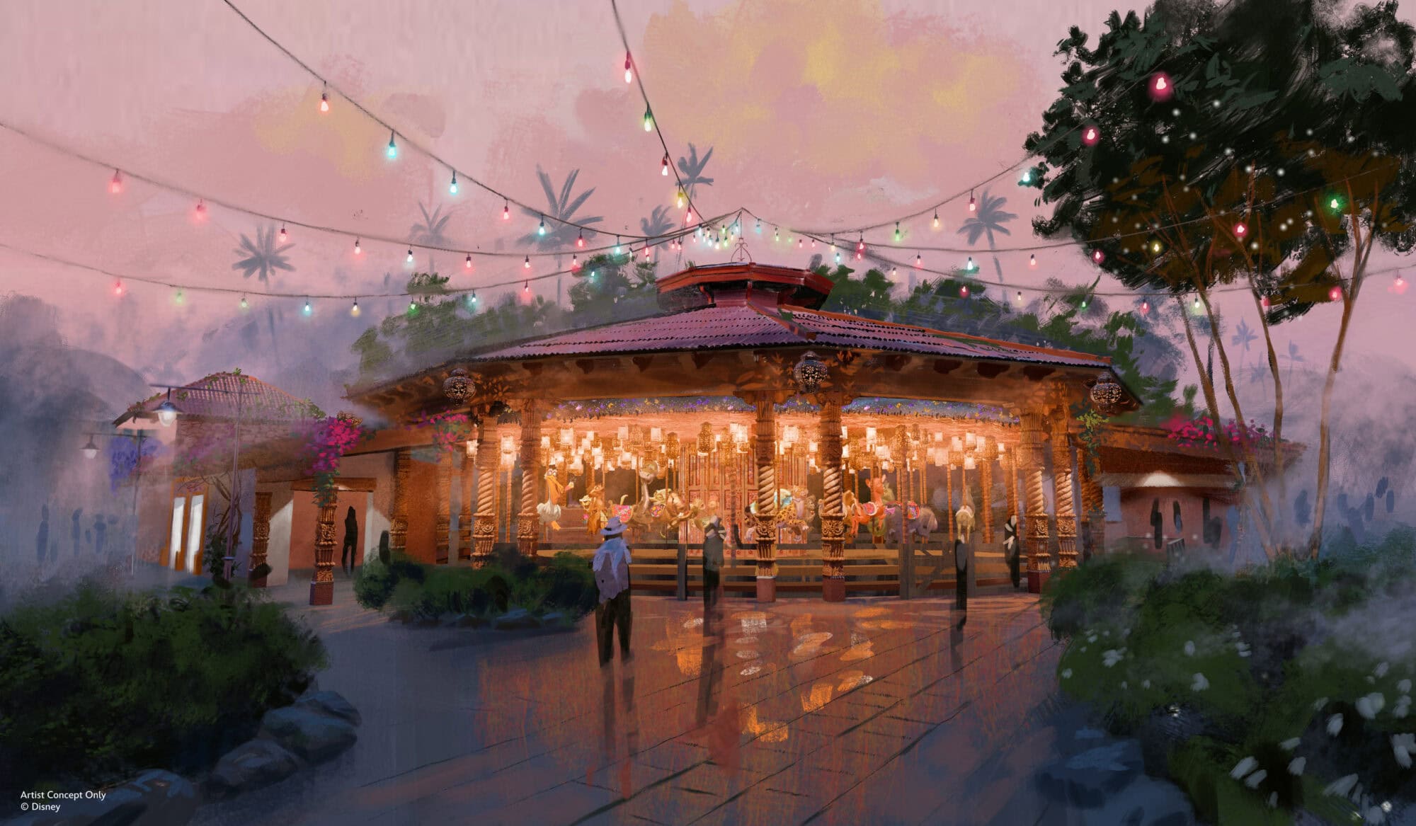 Concept art of the Tropical Americas carousel, featuring a circular building, people walking toward the spanish-style building, under a dream-like pink sky