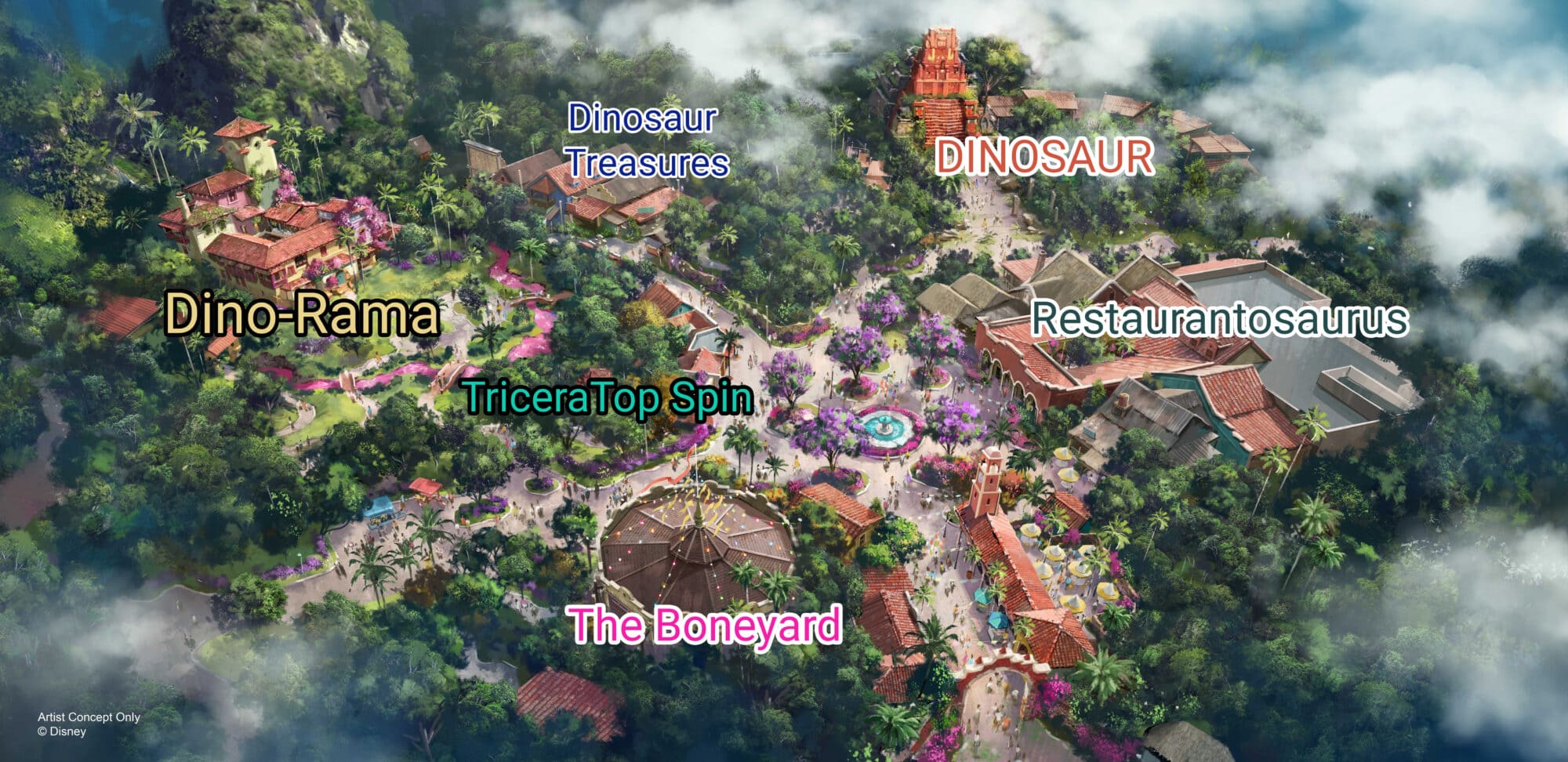 Concept art of a lush Tropical Americas-themed area coming to Dinsey's Animal Kingdom with labels over the new buildings showing the old attractions and buildings that are being replaced