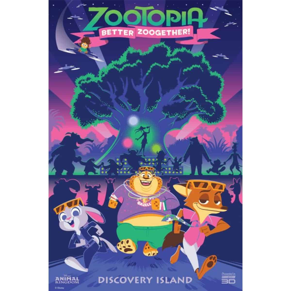 Official poster for "Zootopia Better Zoogether." It features Judy Hopps, Nick Wilde, and Officer Clawhauser wearing 3D glasses in front of the Tree of Life.