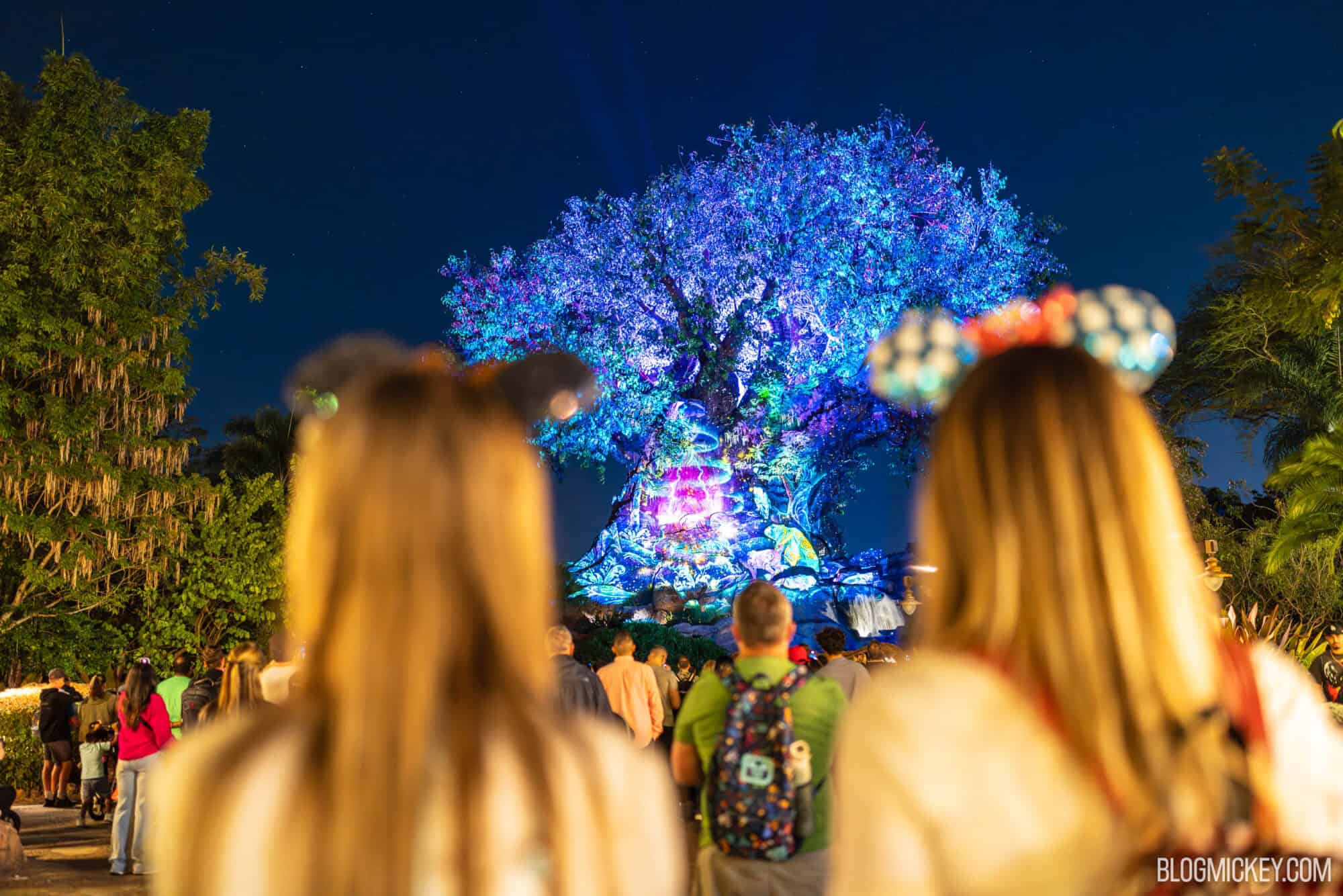 Colorful illuminated tree at nighttime with Disney park visitors, Disney World evening entertainment.