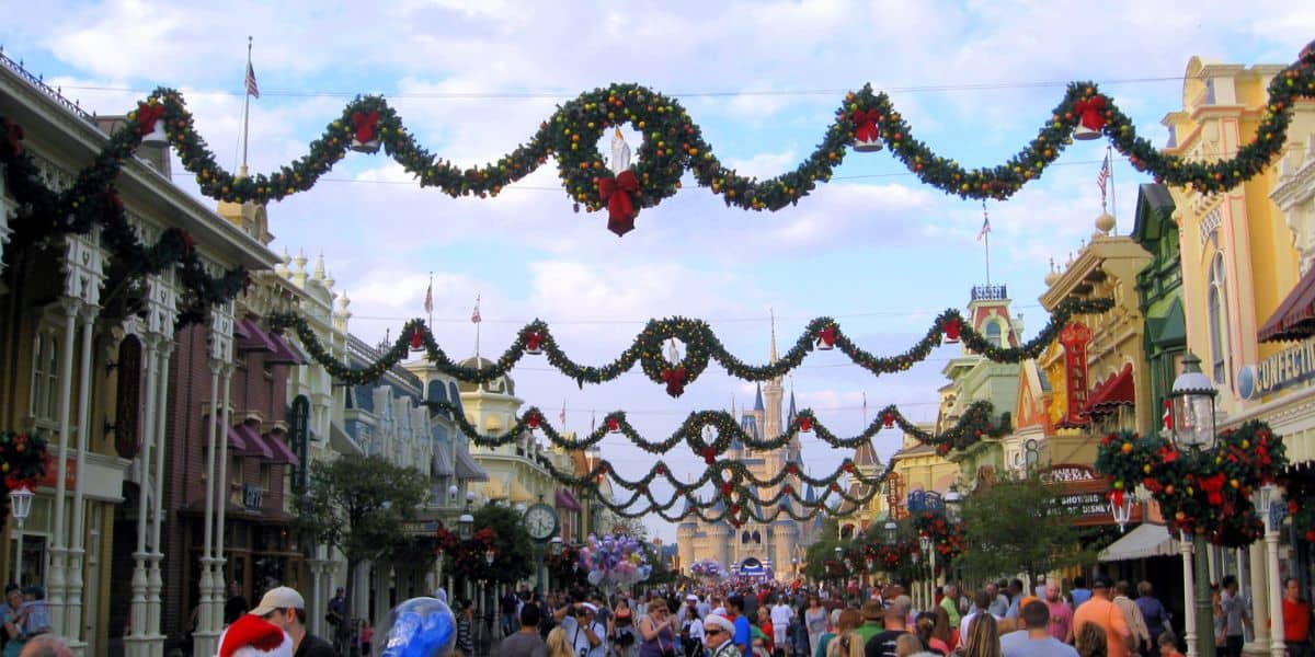 Main Street, USA, at Walt Disney World Resort's, Magic Kingdom decorated for Mickey's Very Merry Christmas Party.