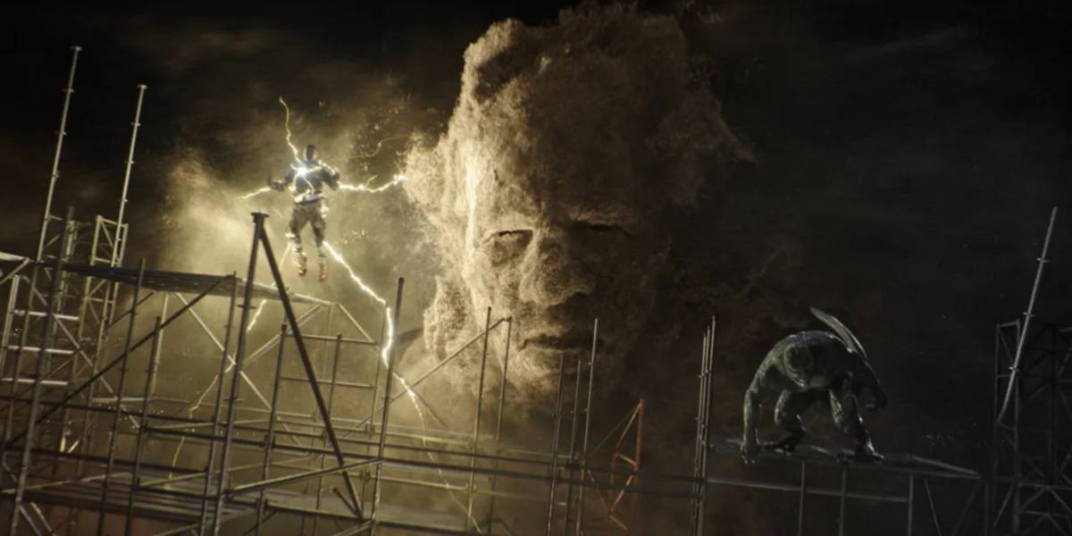 Electro, Sandman, and The Lizard approaching the construction site near the Statue of Liberty