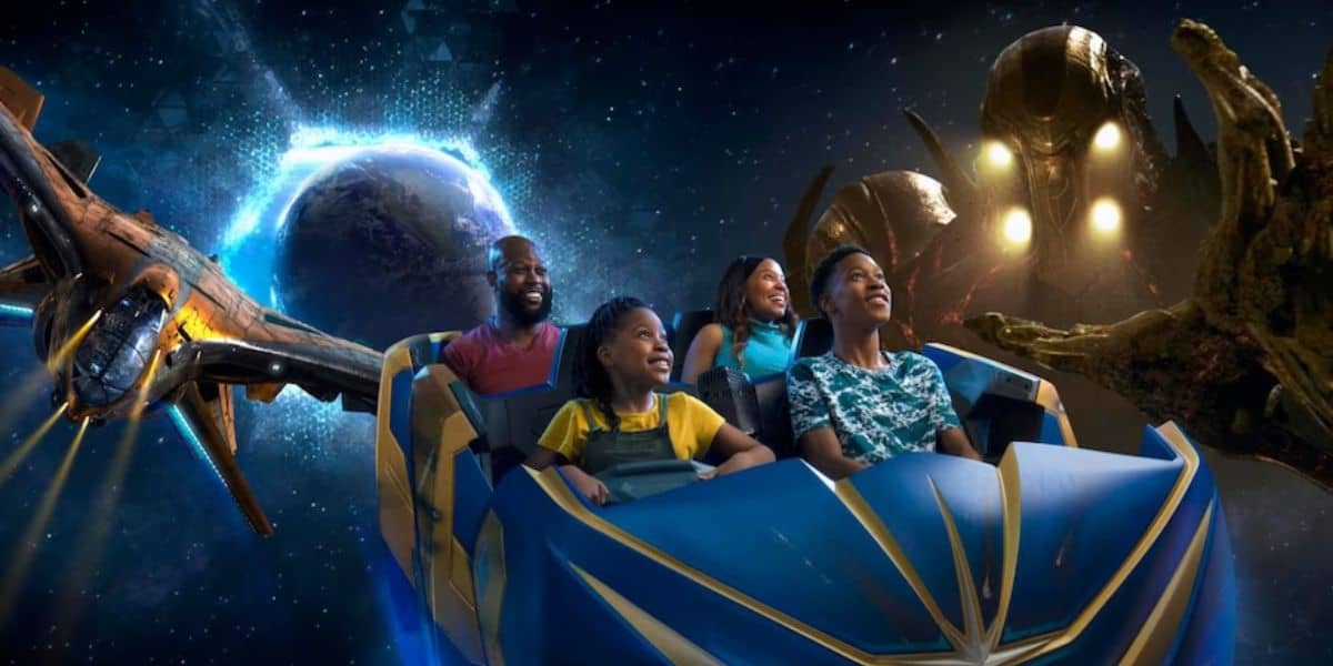 Guests riding Guardians of the Galaxy: Cosmic Rewind through space