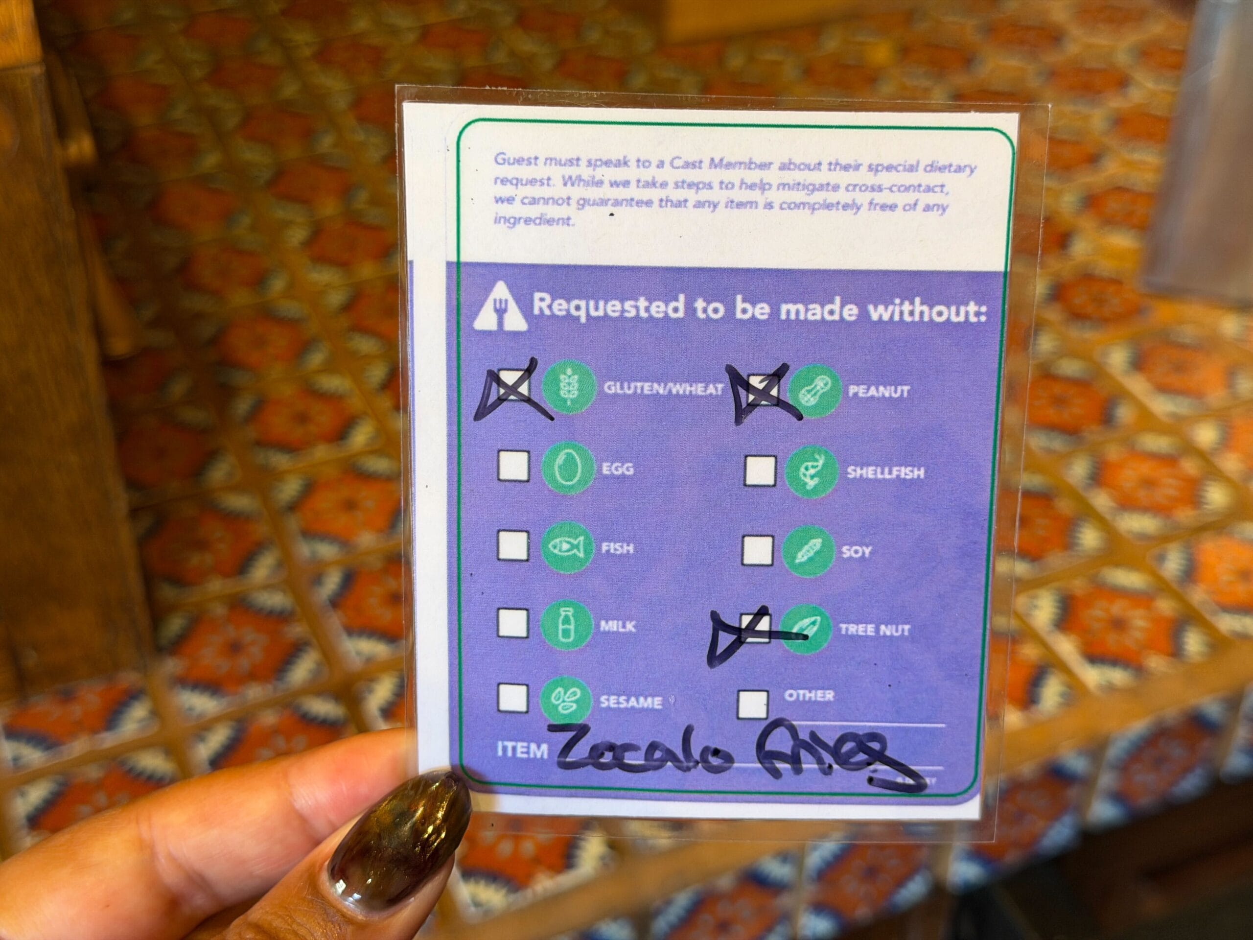 New allergy ordering system card at Rancho del Zocalo Restaurante at Disneyland.