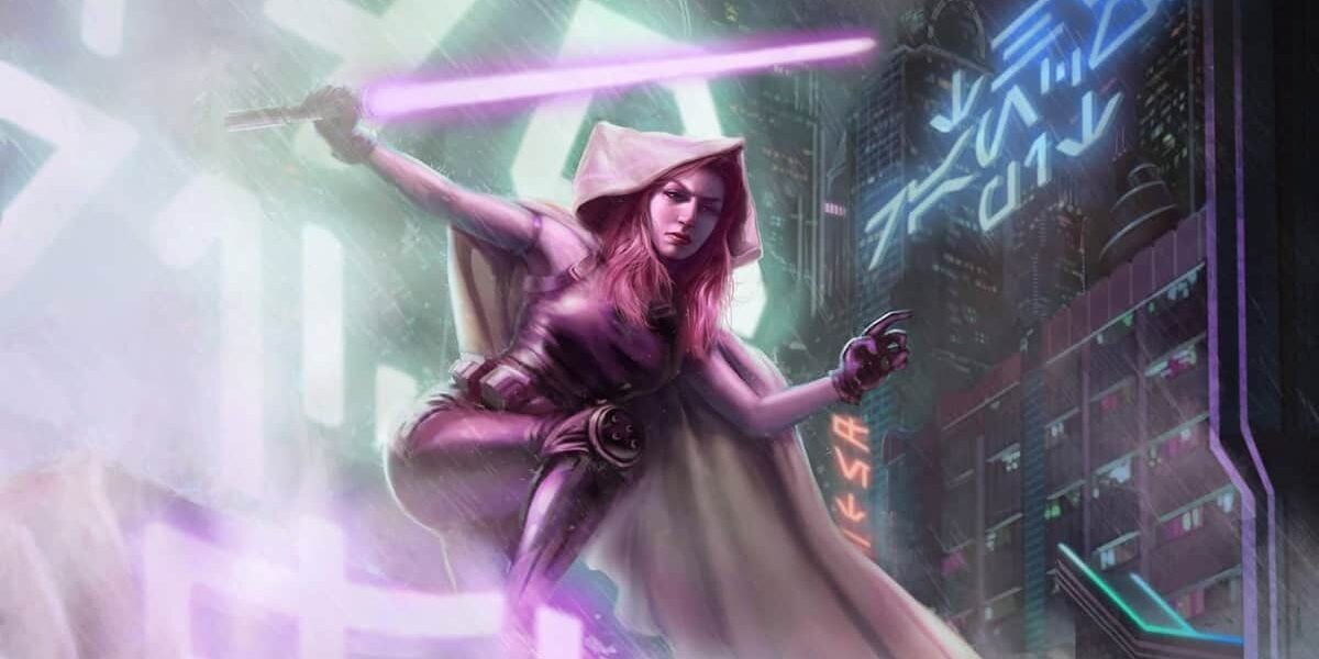 Mara Jade in a cloak with purple lightsaber