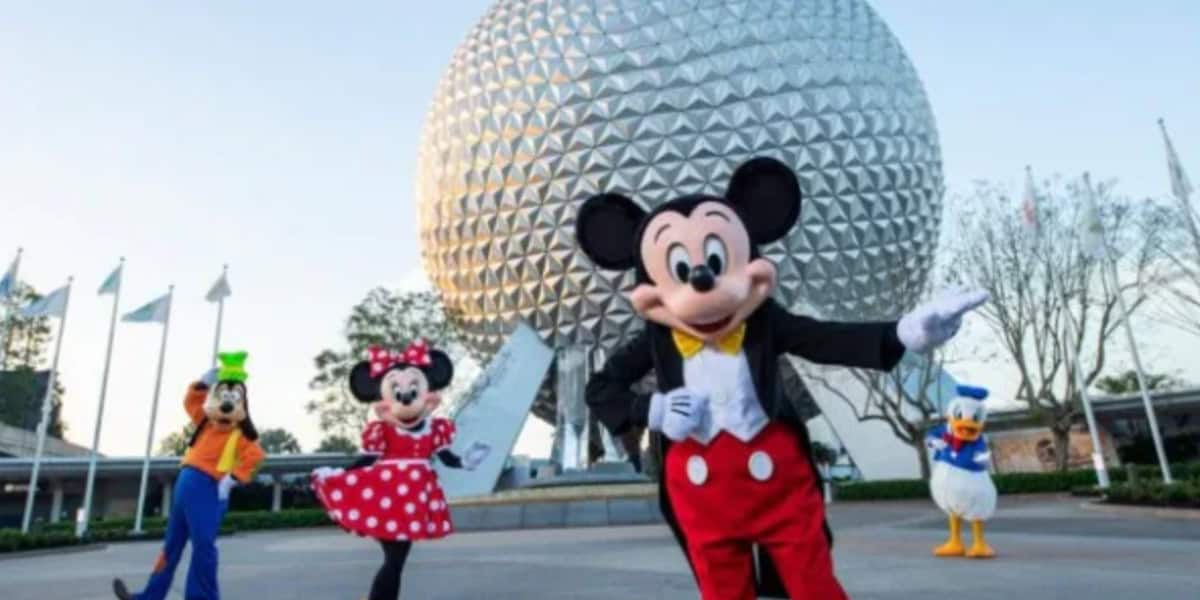 Mickey Mouse and friends in front of EPCOT's Spaceship Earth in Disney World