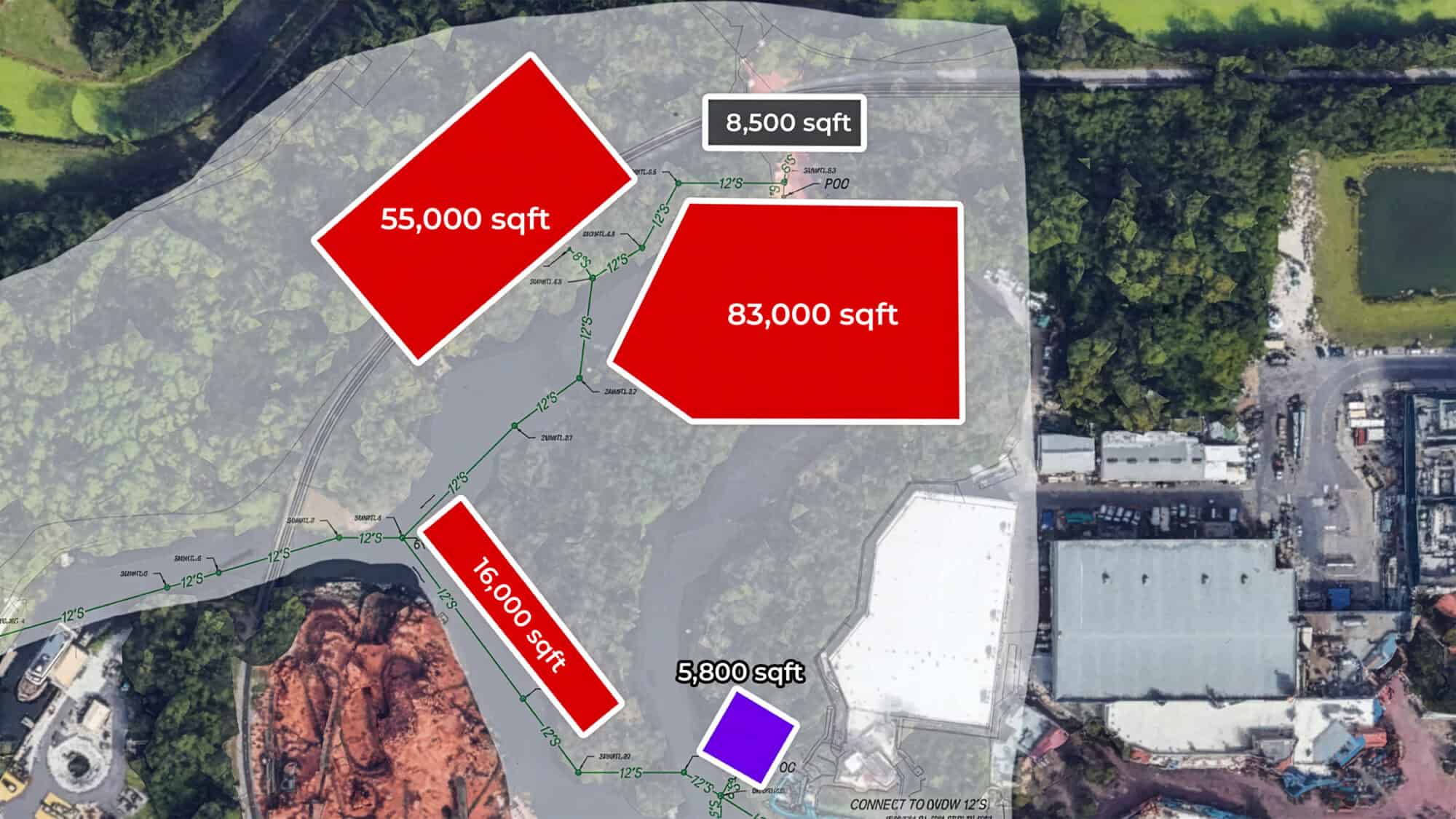 Detailed layout of new Villains Land and Cars Land attraction building footprints at Magic Kingdom.